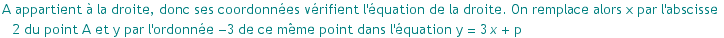 A appartient ? la droite, donc ses coordonn?es v?rifient l'?quation de la droite. On remplac ...  par l'ordonn?e  -3 de ce m?me point dans l'?quation y = 3 x + p